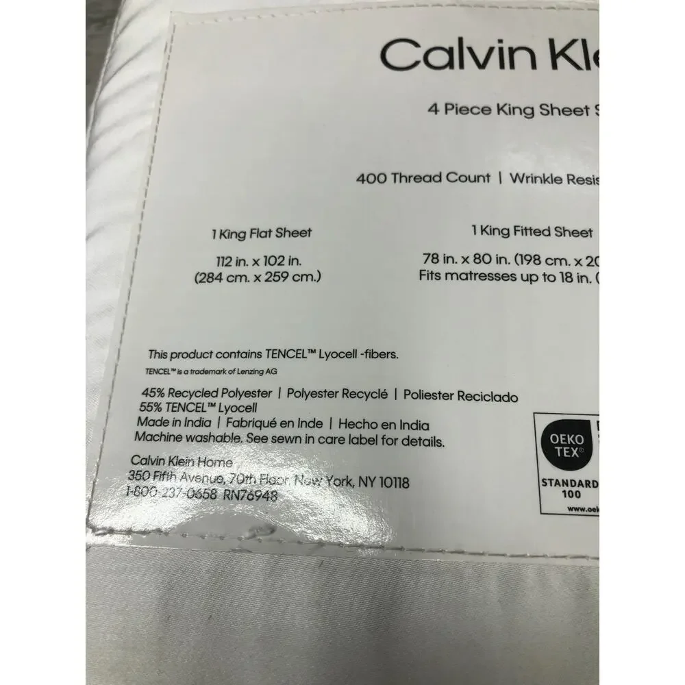 Calvin Klein 400 TC White King Sheet Set Tencel Lyocell Fibers - 4 Piece Bedroom